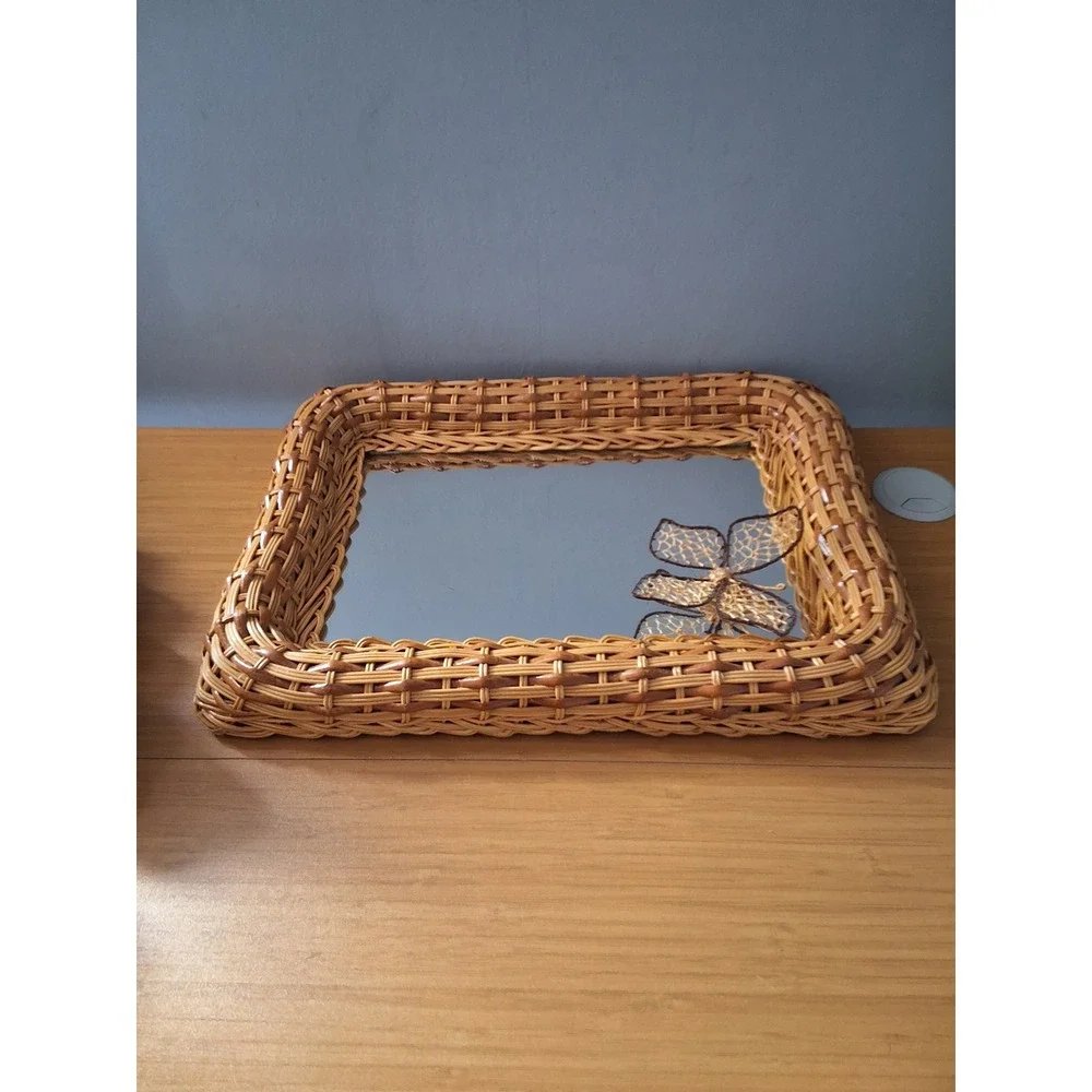 Vintage Wicker Wall Mirror Rectangular Boho Butterfly Accent Honey Rattan 12x16